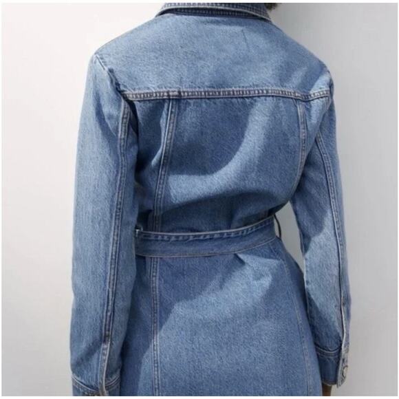 ZARA Denim Shirt Dress Blue Belted Long Sleeve Mini Dress 100% Cotton Women M - Picture 3 of 8